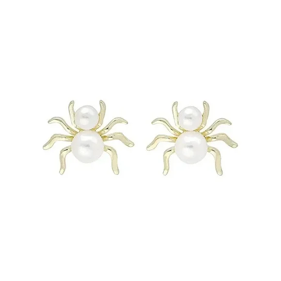 Faux Pearl Halloween Spider Earrings Personalized Creative Gold Tone - Picture 5 of 5
